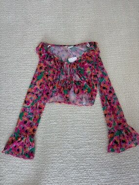 Monki Floral Ruffle Sheer Top in Pink & Green